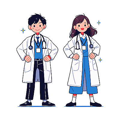 전신 여자 남자 허리손 일러스트 청진기 건강 병원 웃음 성인 두명 파란색 믿음 의사 의사가운 전문직 성인만 일러캐릭터 AI파일 직업 캐릭터 감정 컬러 포즈 의학 의료기기 표정 사람 의료진 가운 파일형식 벡터