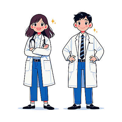 전신 여자 남자 허리손 일러스트 청진기 병원 웃음 성인 두명 파란색 팔짱 믿음 의사 의사가운 전문직 성인만 일러캐릭터 AI파일 직업 캐릭터 감정 컬러 포즈 의학 의료기기 모션 표정 사람 의료진 가운 파일형식 벡터