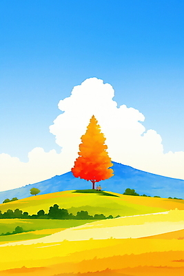 JPG 나무 구름 일러스트 하늘 사람없음 평화 가을풍경 언덕 국내일러스트 AI일러스트 AI콘텐츠 자연요소 식물 컨셉 풍경 파일형식 가을_계절