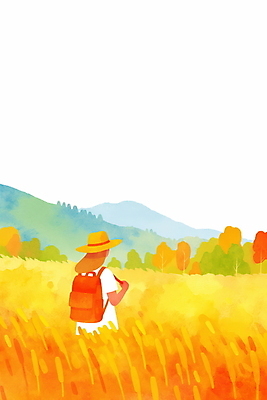 JPG 나무 여자 일러스트 배낭 한명 풍경 초원 성인 주황색 산책 등산 가을 등산객 산행 성인여자한명만 국내일러스트 AI일러스트 AI콘텐츠 식물 1 계절 컬러 가방 휴식 사람 트래킹 여자한명만 성인여자만 파일형식