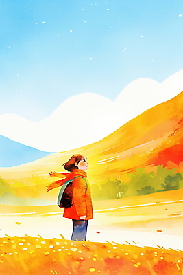 JPG 나무 여자 일러스트 배낭 한명 서기 풍경 성인 노란색 등산 가을 등산객 언덕 산행 성인여자한명만 국내일러스트 AI일러스트 AI콘텐츠 식물 1 계절 컬러 가방 모션 사람 트래킹 여자한명만 성인여자만 파일형식