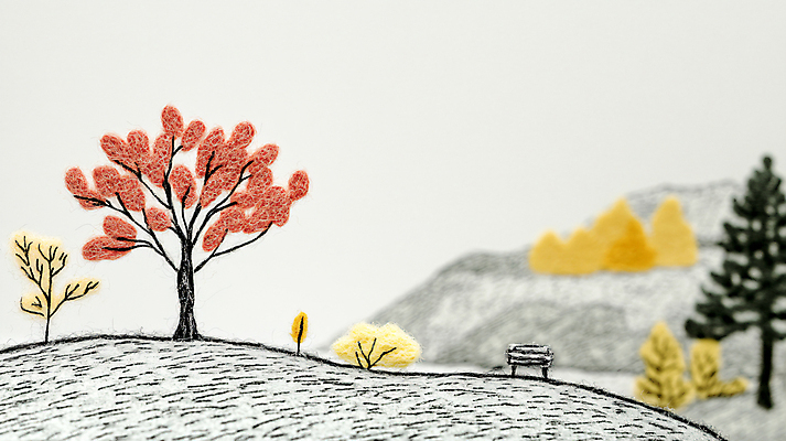 JPG 나무 편집이미지 벤치 풍경 사람없음 가을 공예 디지털합성 펠트 편집실사 AI포토 AI콘텐츠 식물 계절 의자 취미 CG 파일형식 천_직물