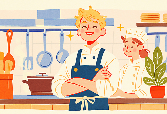 JPG 여자 남자 화분 화초 일러스트 주방용품 요리 성인 두명 팔짱 주방 식당 주방장 요리사 냄비 조리복 성인만 국내일러스트 AI일러스트 AI콘텐츠 식물 직업 생활용품 유니폼 모션 사람 상점 솥 파일형식