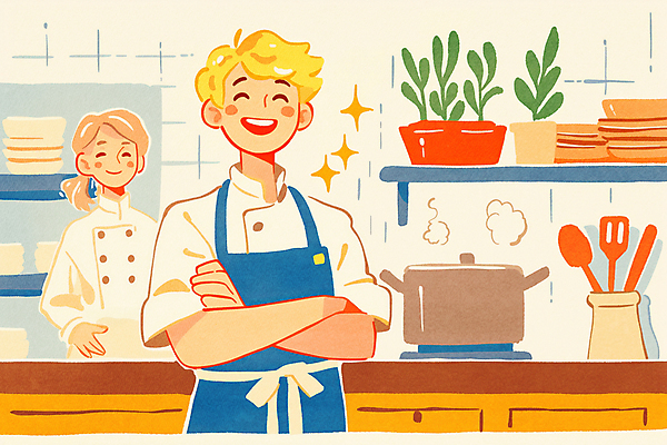 JPG 여자 남자 화분 화초 일러스트 주방용품 요리 성인 두명 팔짱 주방 식당 주방장 요리사 냄비 조리복 성인만 국내일러스트 AI일러스트 AI콘텐츠 식물 직업 생활용품 유니폼 모션 사람 상점 솥 파일형식