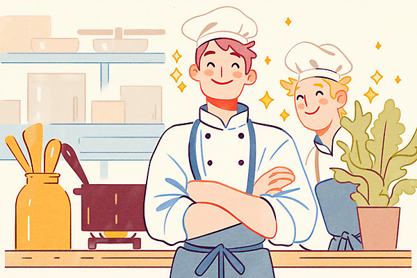 JPG 남자 화분 화초 일러스트 주방용품 요리 성인 두명 팔짱 주방 식당 주방장 요리사 냄비 조리복 성인남자만 국내일러스트 AI일러스트 AI콘텐츠 식물 직업 생활용품 유니폼 모션 사람 상점 솥 남자만 성인만 파일형식