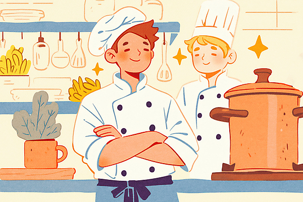 JPG 남자 화분 화초 일러스트 주방용품 요리 성인 두명 팔짱 주방 식당 주방장 요리사 냄비 조리복 성인남자만 국내일러스트 AI일러스트 AI콘텐츠 식물 직업 생활용품 유니폼 모션 사람 상점 솥 남자만 성인만 파일형식