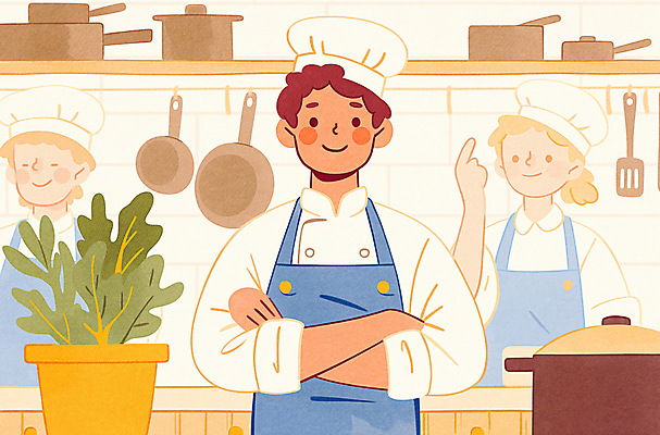 JPG 여자 남자 화분 화초 일러스트 주방용품 요리 성인 세명 팔짱 주방 식당 주방장 요리사 냄비 조리복 성인만 국내일러스트 AI일러스트 AI콘텐츠 식물 직업 생활용품 유니폼 모션 사람 상점 솥 파일형식