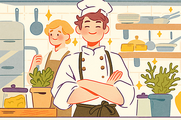 JPG 남자 화분 화초 일러스트 주방용품 요리 성인 두명 팔짱 주방 식당 주방장 요리사 냄비 조리복 성인남자만 국내일러스트 AI일러스트 AI콘텐츠 식물 직업 생활용품 유니폼 모션 사람 상점 솥 남자만 성인만 파일형식