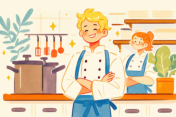 JPG 여자 남자 화분 화초 일러스트 주방용품 요리 성인 두명 팔짱 주방 식당 주방장 요리사 냄비 조리복 성인만 국내일러스트 AI일러스트 AI콘텐츠 식물 직업 생활용품 유니폼 모션 사람 상점 솥 파일형식