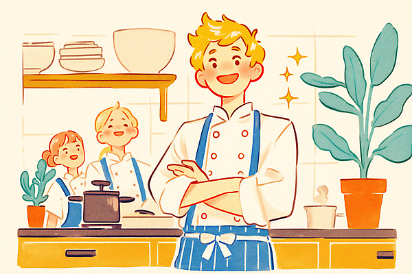 JPG 여자 남자 화분 화초 일러스트 주방용품 요리 성인 세명 팔짱 주방 식당 주방장 요리사 냄비 조리복 성인만 국내일러스트 AI일러스트 AI콘텐츠 식물 직업 생활용품 유니폼 모션 사람 상점 솥 파일형식