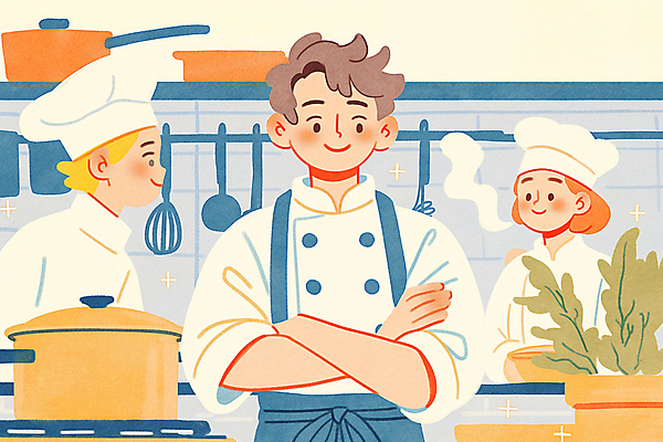 JPG 여자 남자 화분 화초 일러스트 주방용품 요리 성인 세명 팔짱 주방 식당 주방장 요리사 냄비 조리복 성인만 국내일러스트 AI일러스트 AI콘텐츠 식물 직업 생활용품 유니폼 모션 사람 상점 솥 파일형식