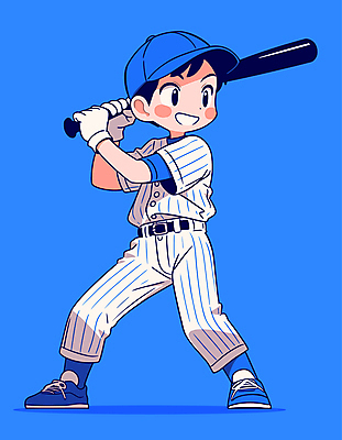 남자 스포츠 일러스트 청소년 한명 미소 파란색 기쁨 야구 야구방망이 야구선수 야구모자 야구복 십대남자한명만 일러캐릭터 AI파일 캐릭터 모자_잡화 1 감정 컬러 운동선수 표정 사람 운동복 구기 야구용품 남자한명만 십대남자만 파일형식 벡터