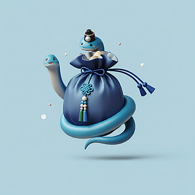 JPG 편집이미지 모자 한국전통 전통 새해 복주머니 선물 미소 사람없음 파란색 3D 귀여움 뱀띠 뱀 행운 한복 청사 2025년 을사년 편집3D 푸른뱀 AI컴퓨터그래픽 AI콘텐츠 잡화 컬러 컨셉 파충류 전통소품 한국 표정 십이지신 전통의상 연도 디지털합성 파일형식