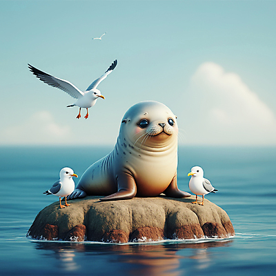 JPG 편집이미지 바다 자연 갈매기 사람없음 파란색 귀여움 바위 바다사자 편집3D 강치 AI컴퓨터그래픽 AI콘텐츠 동물 컬러 컨셉 포유류 조류 3D 바다동물 돌_바위 생태계 파일형식