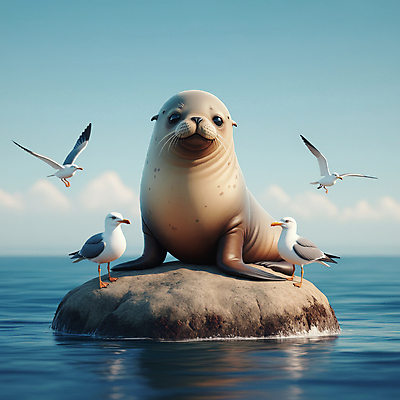 JPG 편집이미지 바다 자연 갈매기 사람없음 파란색 귀여움 바다사자 편집3D 강치 AI컴퓨터그래픽 AI콘텐츠 동물 컬러 컨셉 포유류 조류 3D 바다동물 생태계 파일형식