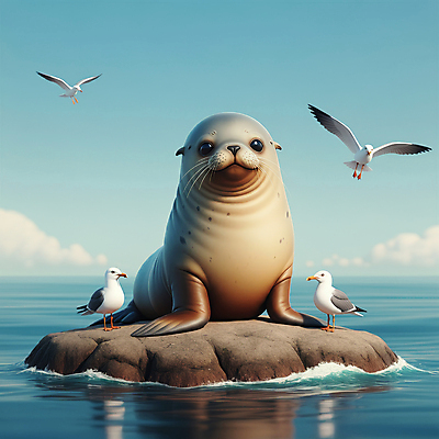 JPG 편집이미지 바다 자연 갈매기 사람없음 파란색 귀여움 바다사자 편집3D 강치 AI컴퓨터그래픽 AI콘텐츠 동물 컬러 컨셉 포유류 조류 3D 바다동물 생태계 파일형식