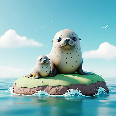 JPG 편집이미지 바다 자연 갈매기 사람없음 파란색 귀여움 바다사자 편집3D 강치 AI컴퓨터그래픽 AI콘텐츠 동물 컬러 컨셉 포유류 조류 3D 바다동물 생태계 파일형식