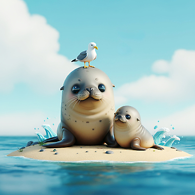 JPG 구름 편집이미지 모래 파도 바다 섬 자연 갈매기 사람없음 파란색 귀여움 바다사자 편집3D 강치 AI컴퓨터그래픽 AI콘텐츠 자연요소 동물 컬러 컨셉 포유류 조류 3D 바다동물 생태계 파일형식