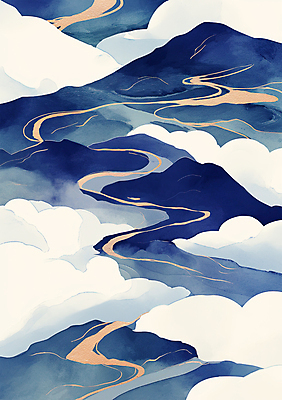 PSD 구름 곡선 일러스트 자연 산 풍경 사람없음 파란색 평화 고요 금색 언덕 국내일러스트 자연요소 선 컬러 컨셉 생태계 파일형식