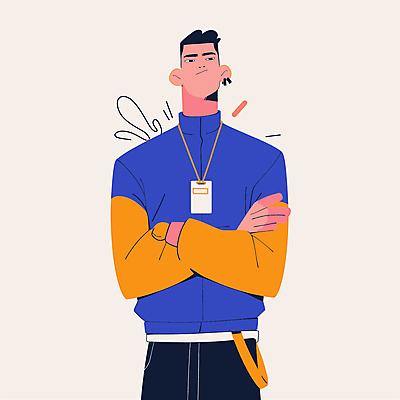 전신 남자 일러스트 목걸이 한명 성인 팔짱 심플 아르바이트 사원증 베이지색 성인남자한명만 일러캐릭터 AI파일 캐릭터 1 컬러 비즈니스 장신구 모션 사람 남자한명만 성인남자만 파일형식 벡터