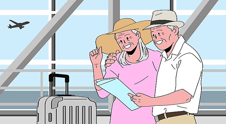 모자 여자 할아버지 노년 남자 할머니 여행 지도 일러스트 휴가 비행기 두명 실버라이프 캐리어 공항 노인만 국내일러스트 AI파일 라이프스타일 잡화 항공교통 교통시설 대중교통 사람 성인 여행가방 성인만 파일형식 벡터