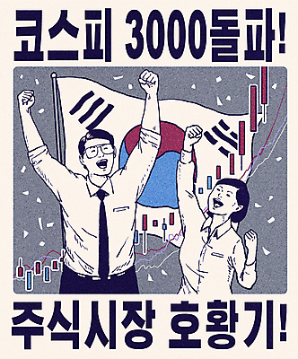 PSD 여자 남자 포스터 일러스트 그래프 한국 성인 두명 파란색 손들기 기쁨 만세 주식 태극기 복고 투자 상승 꽃가루 대박 돌파 코스피 호황 성인만 국내일러스트 감정 아시아 컬러 컨셉 비즈니스 모션 사람 금융 경제 국기 가루 파일형식