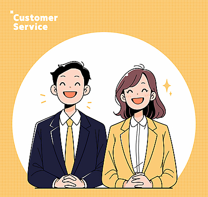 여자 남자 일러스트 비즈니스 웃음 성인 두명 노란색 비즈니스맨 비즈니스우먼 상담원 만족 상담 텔레마케팅 손모으기 성인만 일러캐릭터 AI파일 캐릭터 감정 컬러 표정 사람 손짓 직장인 사무원 서비스업 파일형식 벡터