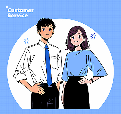 여자 남자 허리손 일러스트 비즈니스 웃음 성인 두명 파란색 비즈니스맨 비즈니스우먼 상담원 만족 상담 텔레마케팅 성인만 일러캐릭터 AI파일 캐릭터 감정 컬러 포즈 표정 사람 직장인 사무원 서비스업 파일형식 벡터