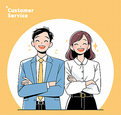 여자 남자 일러스트 비즈니스 웃음 성인 두명 노란색 팔짱 비즈니스맨 비즈니스우먼 상담원 만족 상담 텔레마케팅 성인만 일러캐릭터 AI파일 캐릭터 감정 컬러 모션 표정 사람 직장인 사무원 서비스업 파일형식 벡터