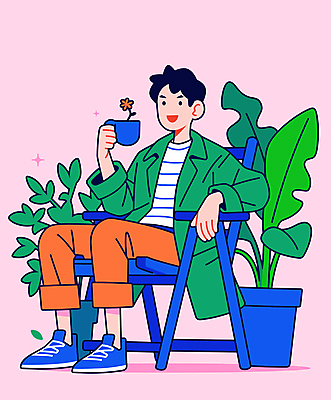 전신 식물 남자 화분 의자 일러스트 휴식 한명 앉기 성인 일상 라이프 컵 파란색 인테리어 평화 마시기 편안함 주말 성인남자한명만 국내일러스트 AI파일 1 식기 디자인 컬러 가구 컨셉 모션 사람 생활 감각 남자한명만 성인남자만 파일형식 벡터