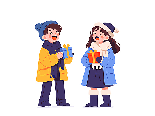 모자 커플 여자 남자 행복 어린이 겨울 일러스트 미소 소녀 소년 두명 선물상자 목도리 즐거움 겨울옷 어린이만 국내일러스트 AI파일 잡화 옷 계절 감정 관계 표정 선물 사람 상자 파일형식 벡터