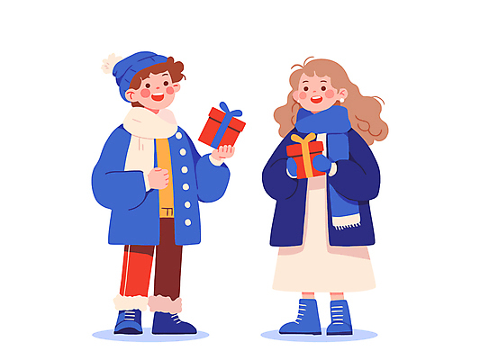 모자 커플 여자 남자 행복 어린이 겨울 일러스트 미소 소녀 소년 두명 선물상자 목도리 즐거움 겨울옷 어린이만 국내일러스트 AI파일 잡화 옷 계절 감정 관계 표정 선물 사람 상자 파일형식 벡터