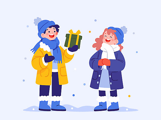모자 커플 여자 남자 행복 어린이 겨울 일러스트 미소 소녀 소년 두명 선물상자 목도리 눈 즐거움 겨울옷 어린이만 국내일러스트 AI파일 자연요소 잡화 옷 계절 감정 관계 날씨 표정 선물 사람 상자 파일형식 벡터