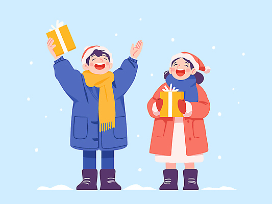 커플 여자 남자 행복 어린이 겨울 일러스트 미소 소녀 소년 두명 선물상자 목도리 눈 즐거움 겨울옷 어린이만 국내일러스트 AI파일 자연요소 잡화 옷 계절 감정 관계 날씨 표정 선물 사람 상자 파일형식 벡터