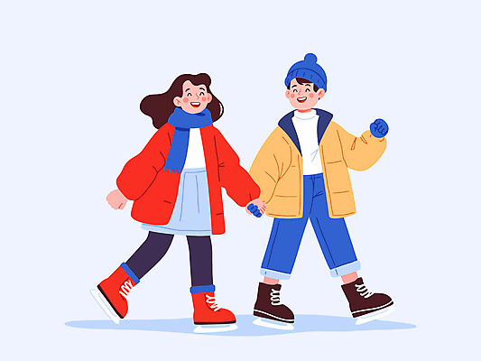 모자 커플 여자 남자 행복 어린이 겨울 일러스트 미소 소녀 소년 두명 손잡기 스케이트 즐거움 겨울옷 어린이만 국내일러스트 AI파일 잡화 옷 계절 감정 스포츠용품 관계 모션 표정 사람 파일형식 벡터