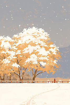 JPG 나무 겨울 일러스트 자연 한명 사람 풍경 초원 울타리 갈색 설원 분위기 첫눈 국내일러스트 AI일러스트 AI콘텐츠 식물 1 계절 컬러 컨셉 눈_날씨 담장 생태계 파일형식