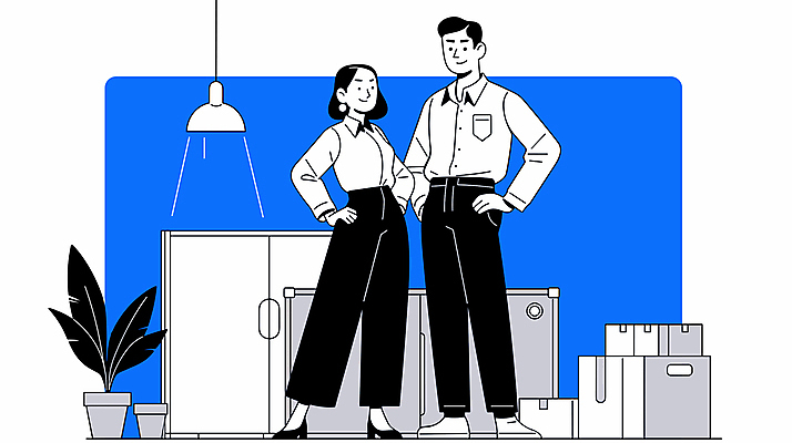 전신 여자 남자 화분 화초 허리손 일러스트 비즈니스 협력 전등 대화 성인 두명 파란색 사무실 사무용품 동료 택배상자 의사소통 성인만 국내일러스트 AI파일 식물 컬러 포즈 관계 문구용품 조명 말하기 사람 상자 택배 파일형식 벡터