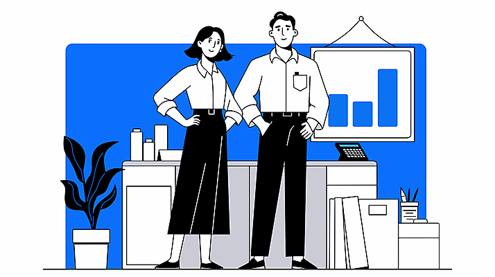 전신 여자 남자 화분 화초 허리손 일러스트 비즈니스 그래프 협력 대화 성인 두명 파란색 사무실 사무용품 작업 계획 책상 동료 파일 성인만 국내일러스트 AI파일 식물 컬러 포즈 가구 컨셉 관계 문구용품 말하기 사람 파일형식 벡터