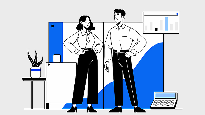 전신 여자 남자 화분 화초 허리손 일러스트 비즈니스 회의 협력 직장 대화 협상 성인 두명 파란색 노트북 사무실 작업 정리 성인만 국내일러스트 AI파일 식물 컬러 포즈 회사 말하기 사람 전자제품 파일형식 벡터