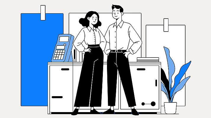 전신 여자 남자 화분 화초 허리손 일러스트 비즈니스 협력 직장 대화 성인 두명 파란색 사무용품 계획 보고서 주머니손 파트너십 성인만 국내일러스트 AI파일 식물 컬러 포즈 컨셉 회사 모션 문구용품 말하기 사람 파일형식 벡터