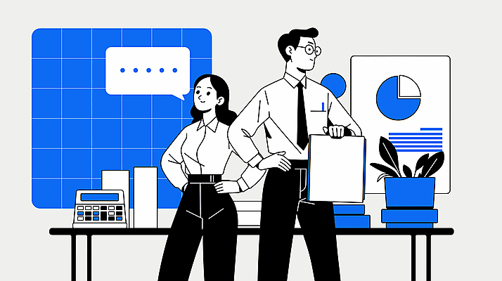 전신 여자 남자 허리손 일러스트 비즈니스 회의 그래프 협력 직장 대화 협상 들기 성인 두명 파란색 사무실 업무 계획 보고서 성인만 국내일러스트 AI파일 컬러 포즈 컨셉 회사 모션 말하기 사람 작업 파일형식 벡터