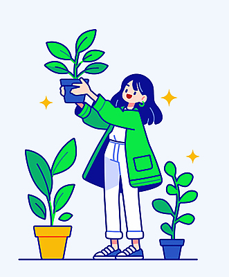 전신 여자 행복 화분 화초 일러스트 한명 성인 초록색 정원 풀잎 돌봄 성인여자한명만 홈가드닝 국내일러스트 AI파일 식물 1 감정 컬러 잎 모션 사람 풀_식물 원예 여자한명만 성인여자만 파일형식 벡터