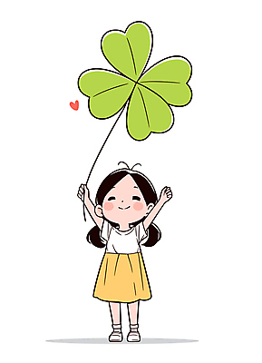 여자 어린이 일러스트 한명 웃음 들기 소녀 손들기 행운 네잎클로버 클로버 소녀한명만 일러캐릭터 AI파일 식물 캐릭터 1 컨셉 모션 표정 사람 여자한명만 소녀만 파일형식 벡터