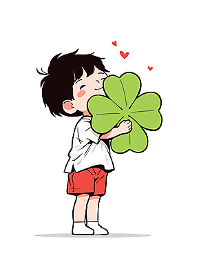 남자 어린이 일러스트 한명 미소 들기 소년 귀여움 행운 네잎클로버 클로버 소년한명만 일러캐릭터 AI파일 식물 캐릭터 1 컨셉 모션 표정 사람 남자한명만 소년만 파일형식 벡터