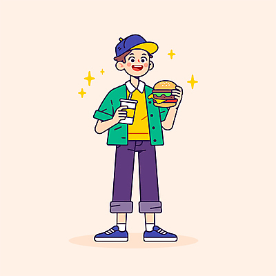 전신 모자 남자 음료 일러스트 청소년 패스트푸드 한명 웃음 들기 노란색 햄버거 즐거움 음료수컵 십대남자한명만 국내일러스트 AI파일 1 잡화 감정 컬러 모션 표정 사람 컵 인스턴트 남자한명만 십대남자만 파일형식 벡터