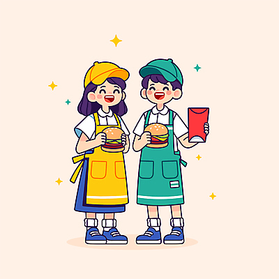 전신 모자 여자 남자 일러스트 청소년 패스트푸드 웃음 들기 두명 노란색 앞치마 햄버거 즐거움 십대만 국내일러스트 AI파일 잡화 감정 컬러 모션 표정 사람 인스턴트 파일형식 벡터