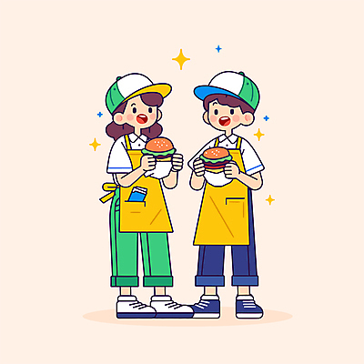 전신 모자 여자 남자 일러스트 청소년 패스트푸드 웃음 들기 두명 노란색 앞치마 햄버거 즐거움 십대만 국내일러스트 AI파일 잡화 감정 컬러 모션 표정 사람 인스턴트 파일형식 벡터