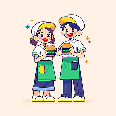 전신 모자 여자 남자 일러스트 청소년 패스트푸드 웃음 들기 두명 노란색 앞치마 햄버거 즐거움 십대만 국내일러스트 AI파일 잡화 감정 컬러 모션 표정 사람 인스턴트 파일형식 벡터