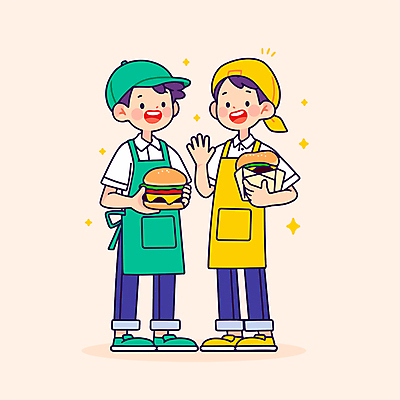 전신 모자 남자 일러스트 청소년 패스트푸드 웃음 들기 두명 노란색 앞치마 햄버거 즐거움 십대남자만 국내일러스트 AI파일 잡화 감정 컬러 모션 표정 사람 인스턴트 남자만 십대만 파일형식 벡터