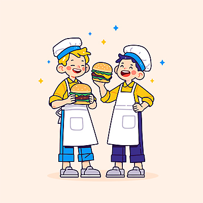 전신 남자 일러스트 청소년 패스트푸드 요리사모자 웃음 들기 두명 노란색 앞치마 햄버거 즐거움 십대남자만 국내일러스트 AI파일 모자_잡화 감정 컬러 모션 표정 사람 요리사 인스턴트 남자만 십대만 파일형식 벡터